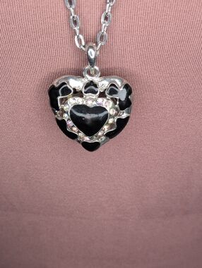 Y2K Black Enamel Puffy Heart Necklace Silver Tone AB Rhinestone Mall Goth Emo